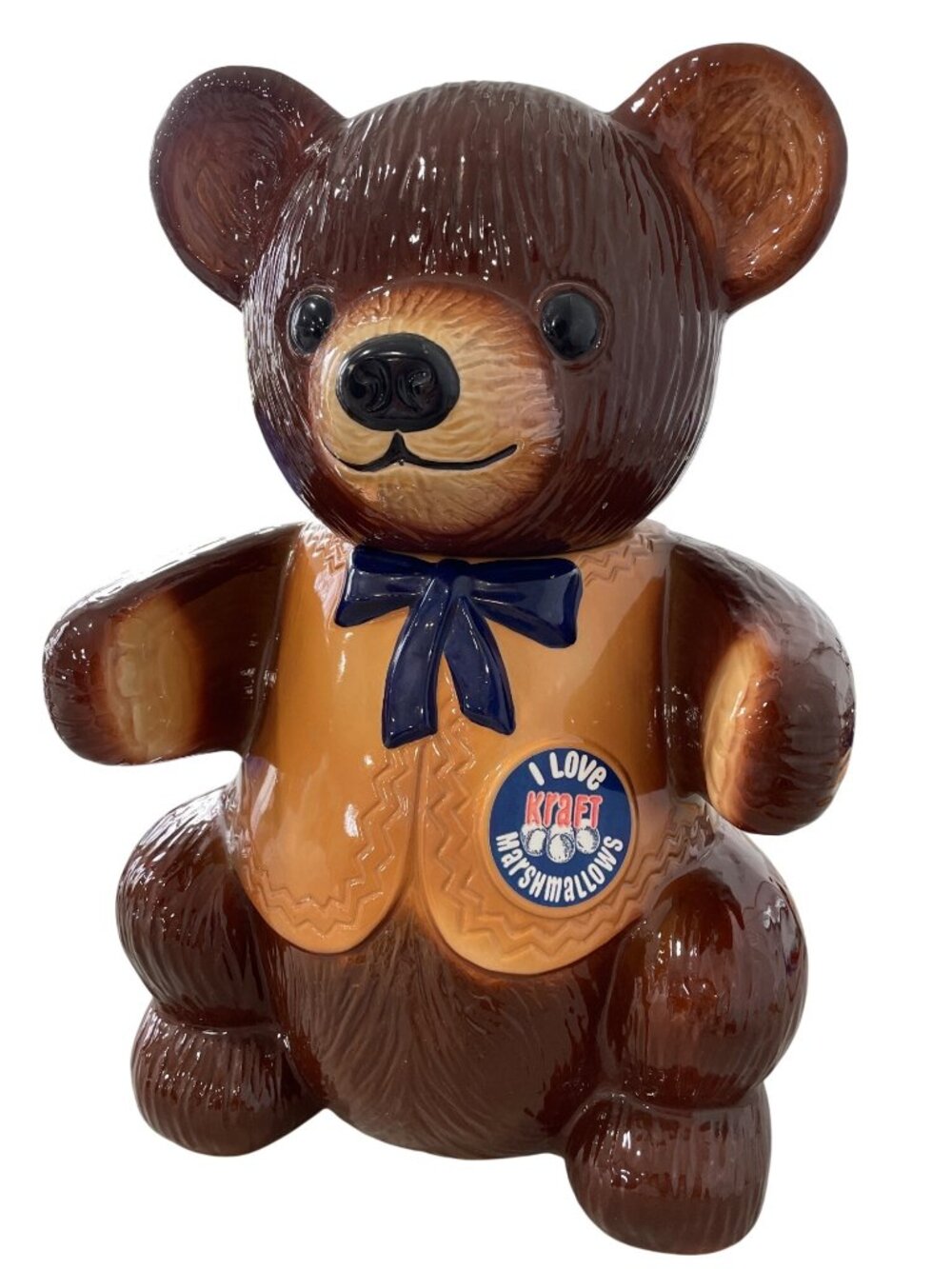 Vintage 80s Kraft Marshmallows Ceramic Bear Cookie Jar Brown Tan Blue Bow Retro